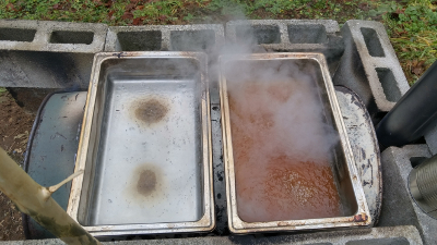 almost completed boiling the sap into syrup